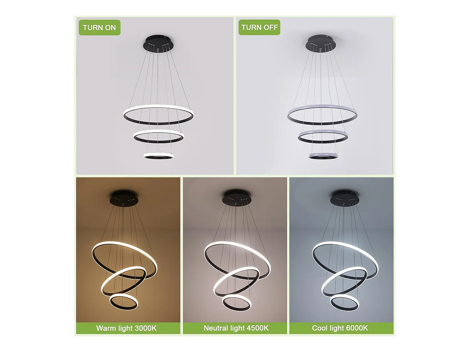 Suspension Led Moderne, Lustre Luminaire 3 Anneaux Suspendu LED Noir, Réglable Lampes Suspendu Dimmable 3000K/4500K/6500K, 20+35+50CM, 40W