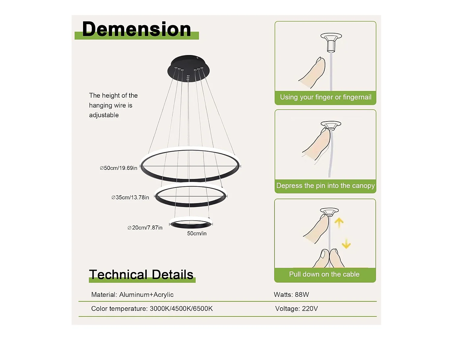 Suspension Led Moderne, Lustre Luminaire 3 Anneaux Suspendu LED Noir, Réglable Lampes Suspendu Dimmable 3000K/4500K/6500K, 20+35+50CM, 40W