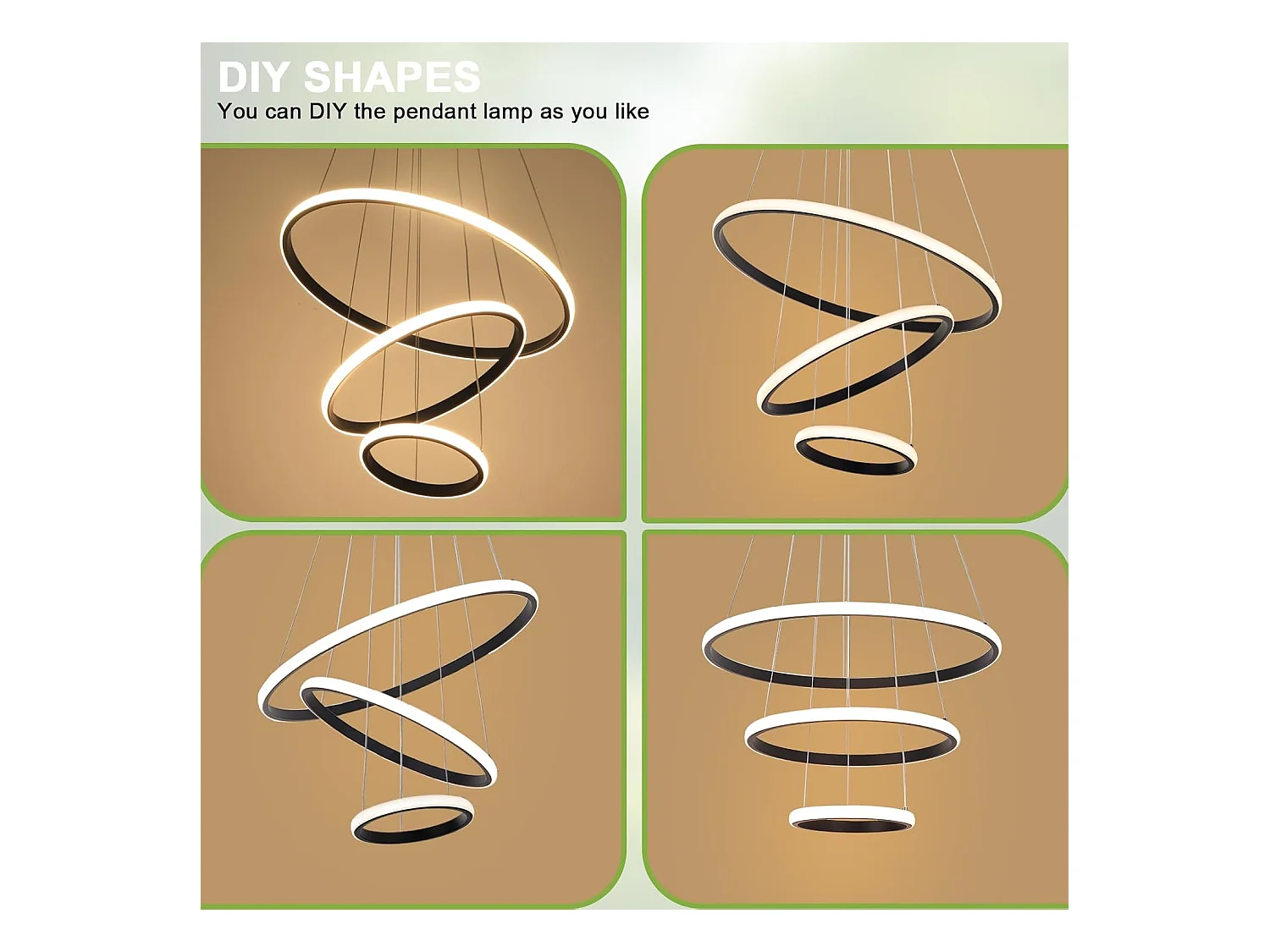 Suspension Led Moderne, Lustre Luminaire 3 Anneaux Suspendu LED Noir, Réglable Lampes Suspendu Dimmable 3000K/4500K/6500K, 20+35+50CM, 40W