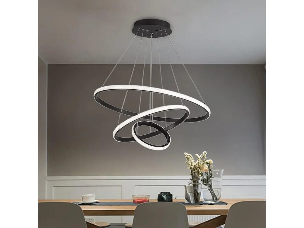 Suspension Led Moderne, Lustre Luminaire 3 Anneaux Suspendu LED Noir, Réglable Lampes Suspendu Dimmable 3000K/4500K/6500K, 20+35+50CM, 40W