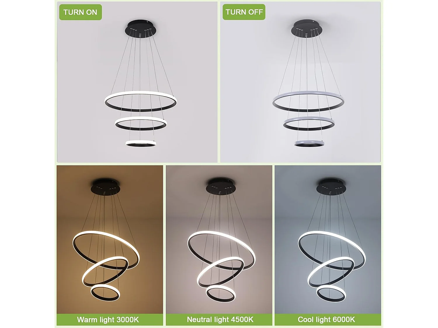 Suspension Led Moderne, Lustre Luminaire 3 Anneaux Suspendu LED Noir, Réglable Lampes Suspendu Dimmable 3000K/4500K/6500K, 20+35+50CM, 40W