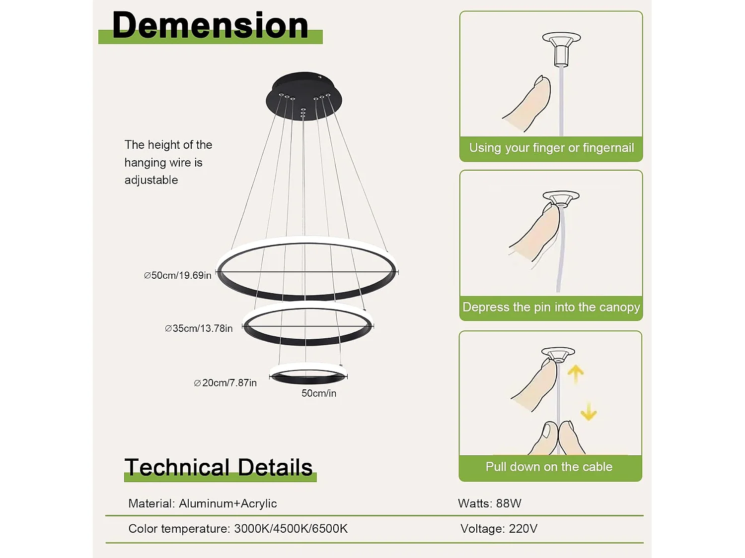 Suspension Led Moderne, Lustre Luminaire 3 Anneaux Suspendu LED Noir, Réglable Lampes Suspendu Dimmable 3000K/4500K/6500K, 20+35+50CM, 40W