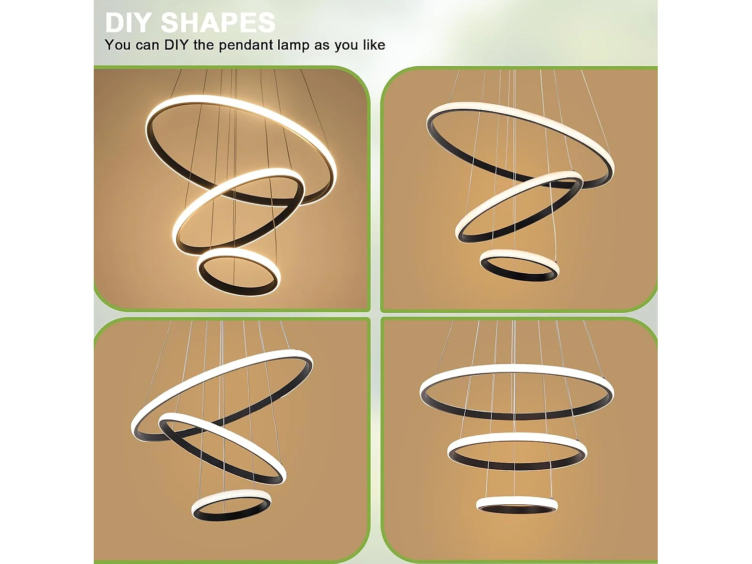 Suspension Led Moderne, Lustre Luminaire 3 Anneaux Suspendu LED Noir, Réglable Lampes Suspendu Dimmable 3000K/4500K/6500K, 20+35+50CM, 40W