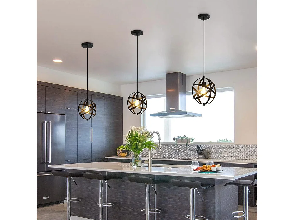 Lampe Suspension Industrielle Vintage E27 Métal Noir Lustre de Cuisine Suspension avec 100CM Câble Réglable Pour Escalier, Cuisine, Salon, Café, Hôtel