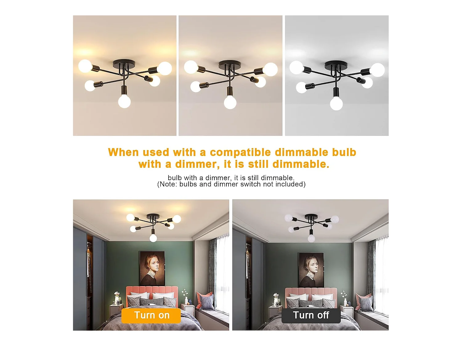 Lustre Sputnik Industriel, Plafonnier Vintage E27 5 Lumières, Noir Lampe de Plafond en Metal pour Salon Chambre Cuisine Couloir (Sans Ampoules)