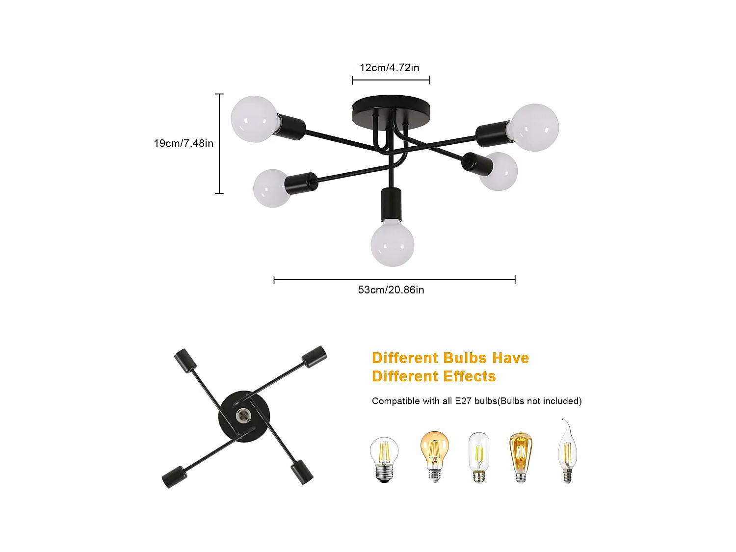 Lustre Sputnik Industriel, Plafonnier Vintage E27 5 Lumières, Noir Lampe de Plafond en Metal pour Salon Chambre Cuisine Couloir (Sans Ampoules)