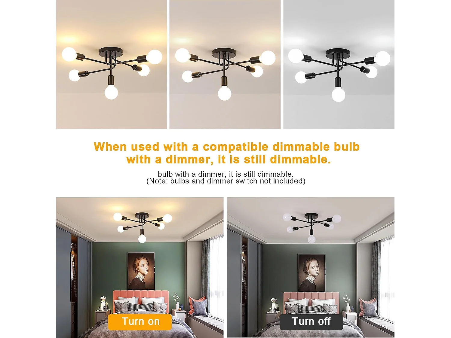 Lustre Sputnik Industriel, Plafonnier Vintage E27 5 Lumières, Noir Lampe de Plafond en Metal pour Salon Chambre Cuisine Couloir (Sans Ampoules)