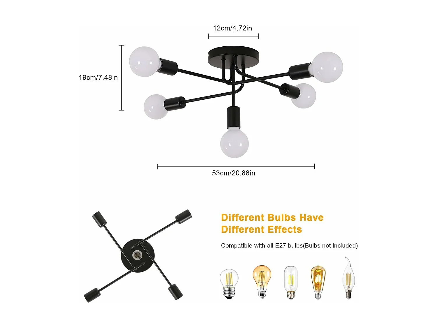 Lustre Sputnik Industriel, Plafonnier Vintage E27 5 Lumières, Noir Lampe de Plafond en Metal pour Salon Chambre Cuisine Couloir (Sans Ampoules)