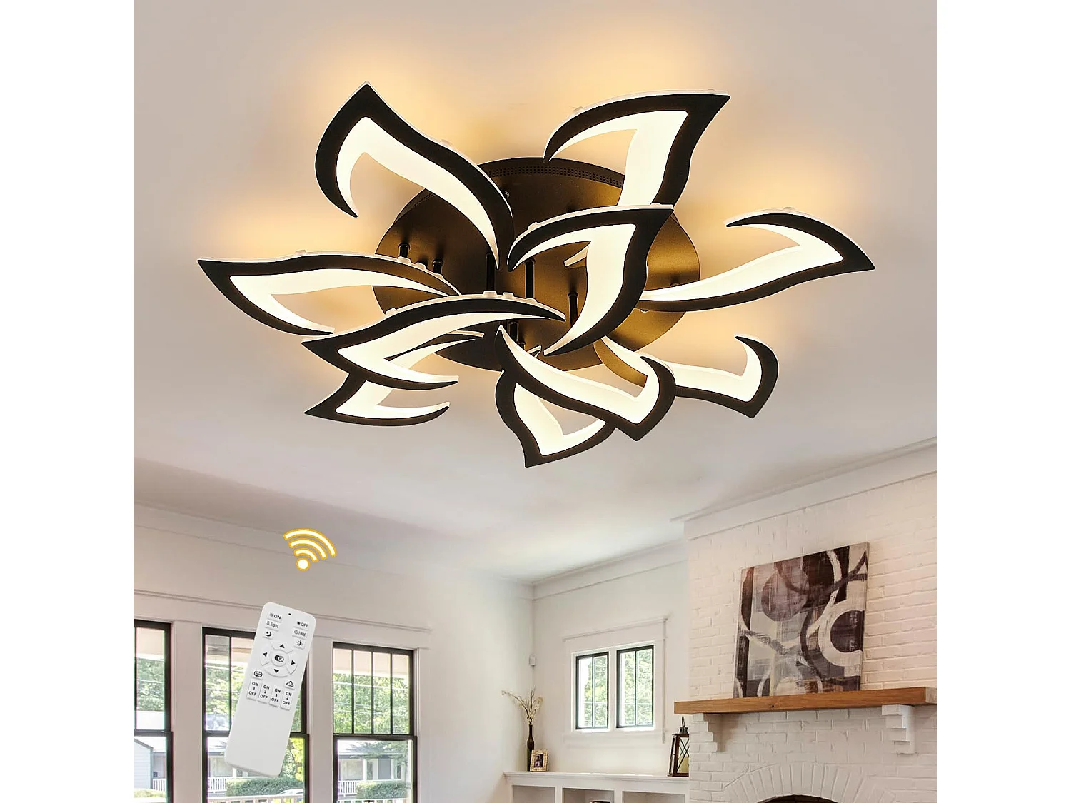 Plafonnier LED Moderne Dimmable 10 Pétales avec Télécommande/APP - 85W 8350LM Noir Gradable pour Salon, Chambre, Salle à Manger - Éclairage Intérieur Intelligent