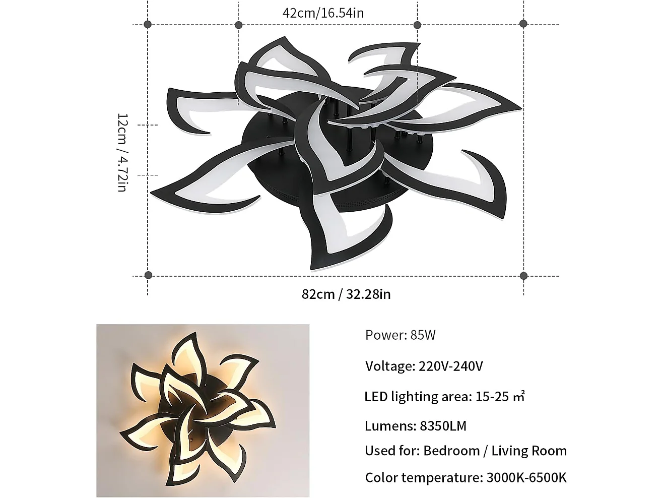 Plafonnier LED Moderne Dimmable 10 Pétales avec Télécommande/APP - 85W 8350LM Noir Gradable pour Salon, Chambre, Salle à Manger - Éclairage Intérieur Intelligent