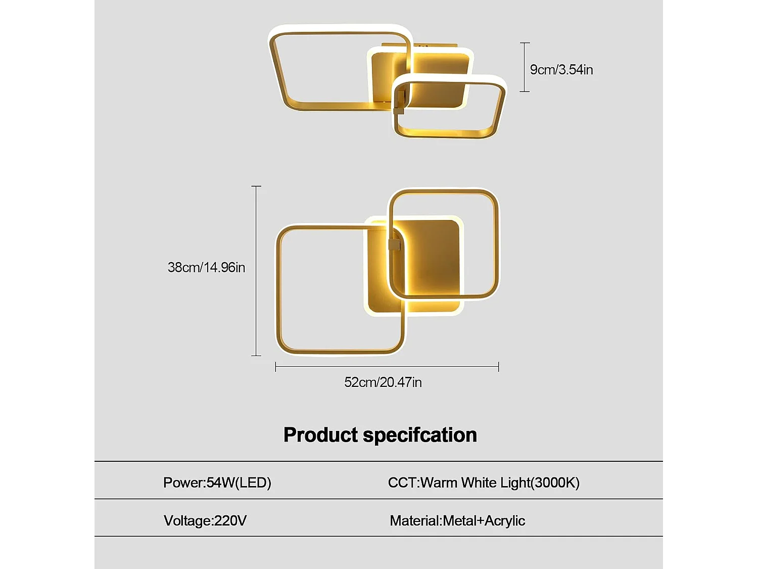 Plafonnier LED Moderne Carré en Acrylique 54W 6075LM Blanc Chaud 3000K - Éclairage pour Salon, Chambre, Cuisine, Couloir