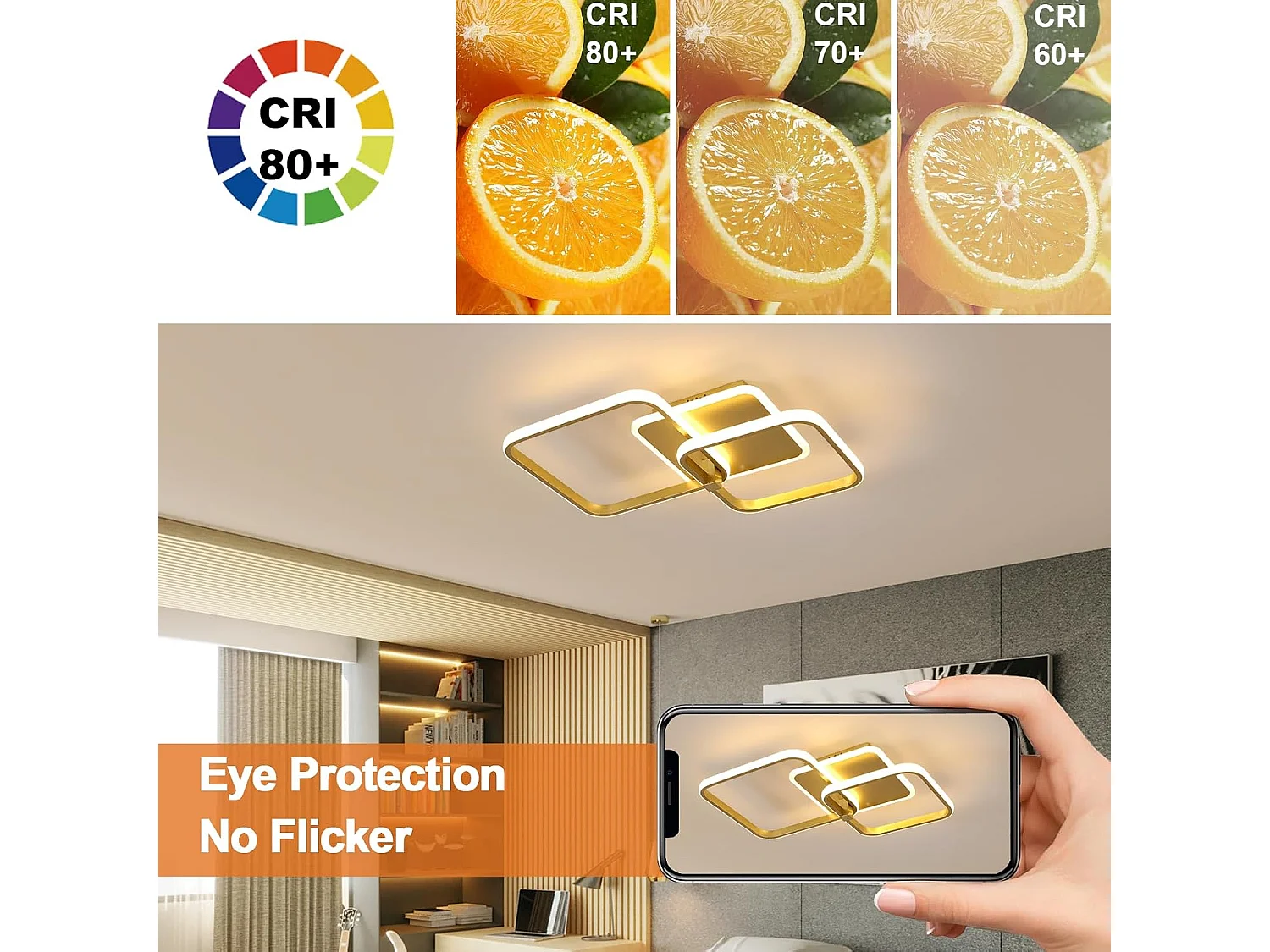 Plafonnier LED Moderne Carré en Acrylique 54W 6075LM Blanc Chaud 3000K - Éclairage pour Salon, Chambre, Cuisine, Couloir