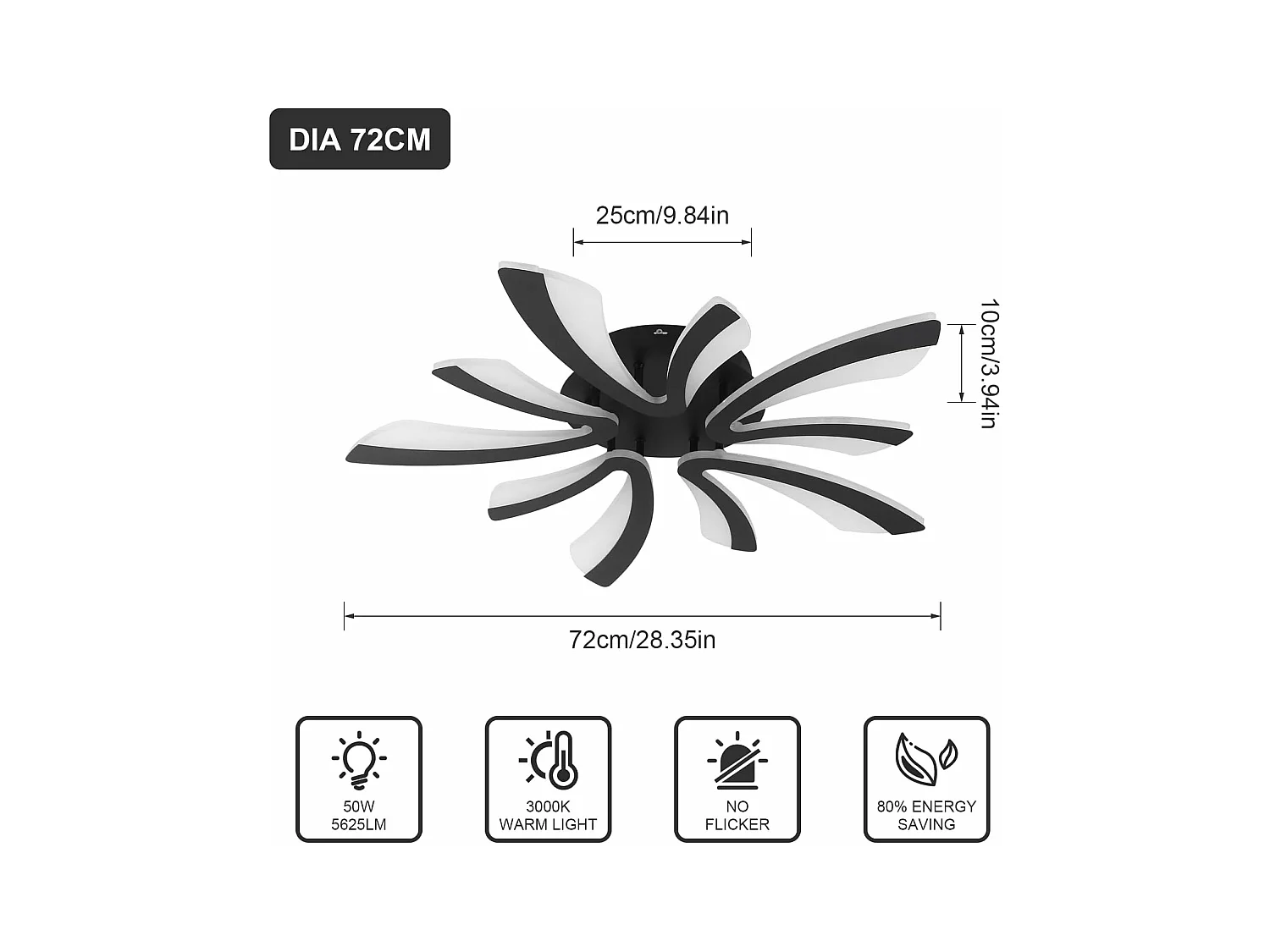 Plafonnier LED, 50W 5625LM Lampe de Plafond, Moderne Luminaire Plafonnier pour Salon, Chambre à Coucher, 72cm, Lumière Chaude 3000K, Noir