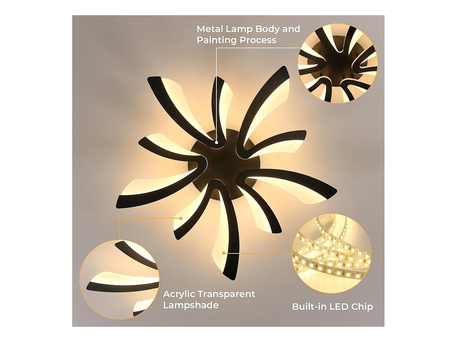 Plafonnier LED, 50W 5625LM Lampe de Plafond, Moderne Luminaire Plafonnier pour Salon, Chambre à Coucher, 72cm, Lumière Chaude 3000K, Noir