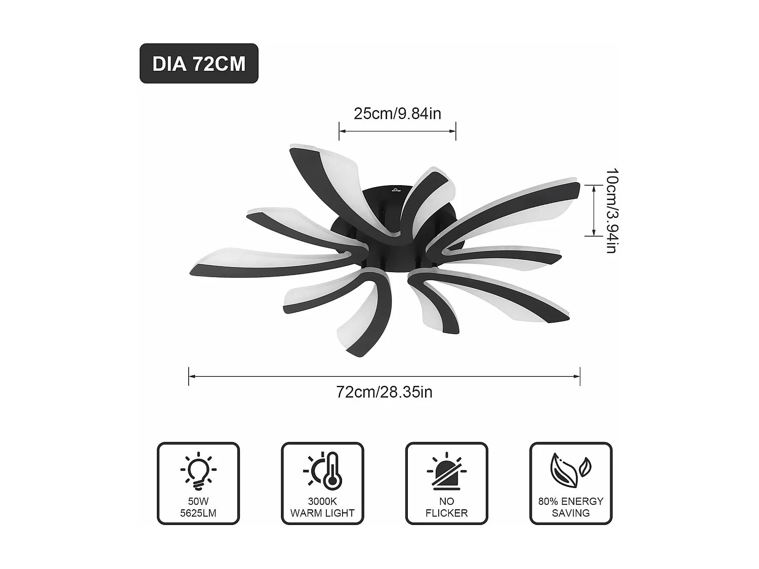 Plafonnier LED, 50W 5625LM Lampe de Plafond, Moderne Luminaire Plafonnier pour Salon, Chambre à Coucher, 72cm, Lumière Chaude 3000K, Noir