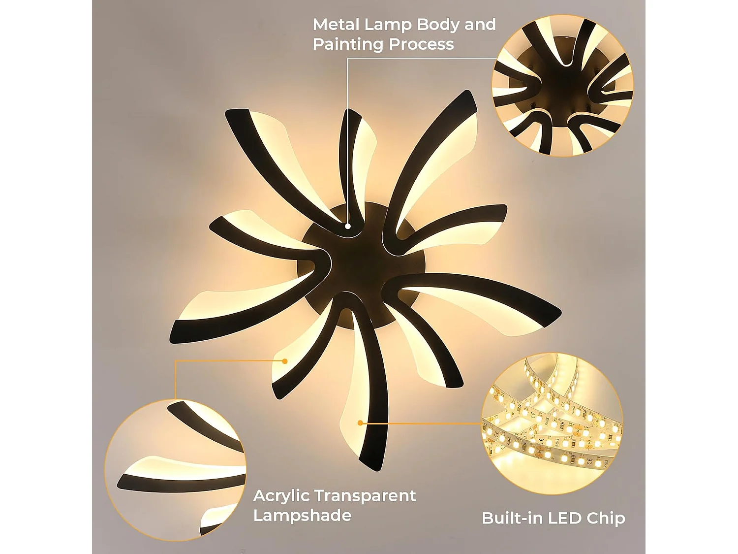 Plafonnier LED, 50W 5625LM Lampe de Plafond, Moderne Luminaire Plafonnier pour Salon, Chambre à Coucher, 72cm, Lumière Chaude 3000K, Noir