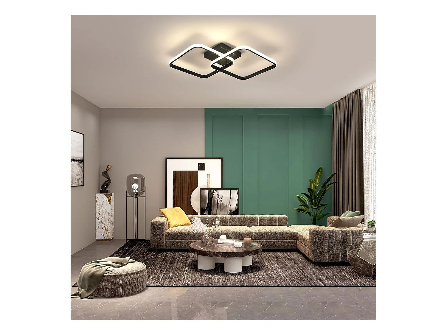 Plafonnier LED Noir Moderne avec Télécommande - Luminosité Réglable 3000K-6500K, Design Géométrique pour Salon et Chambre
