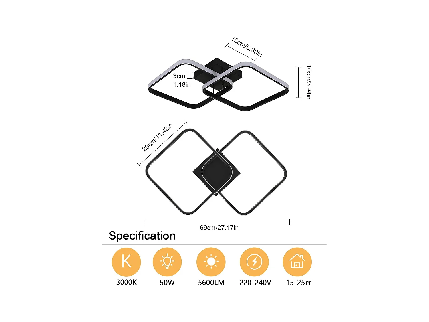 Plafonnier LED Noir Moderne avec Télécommande - Luminosité Réglable 3000K-6500K, Design Géométrique pour Salon et Chambre