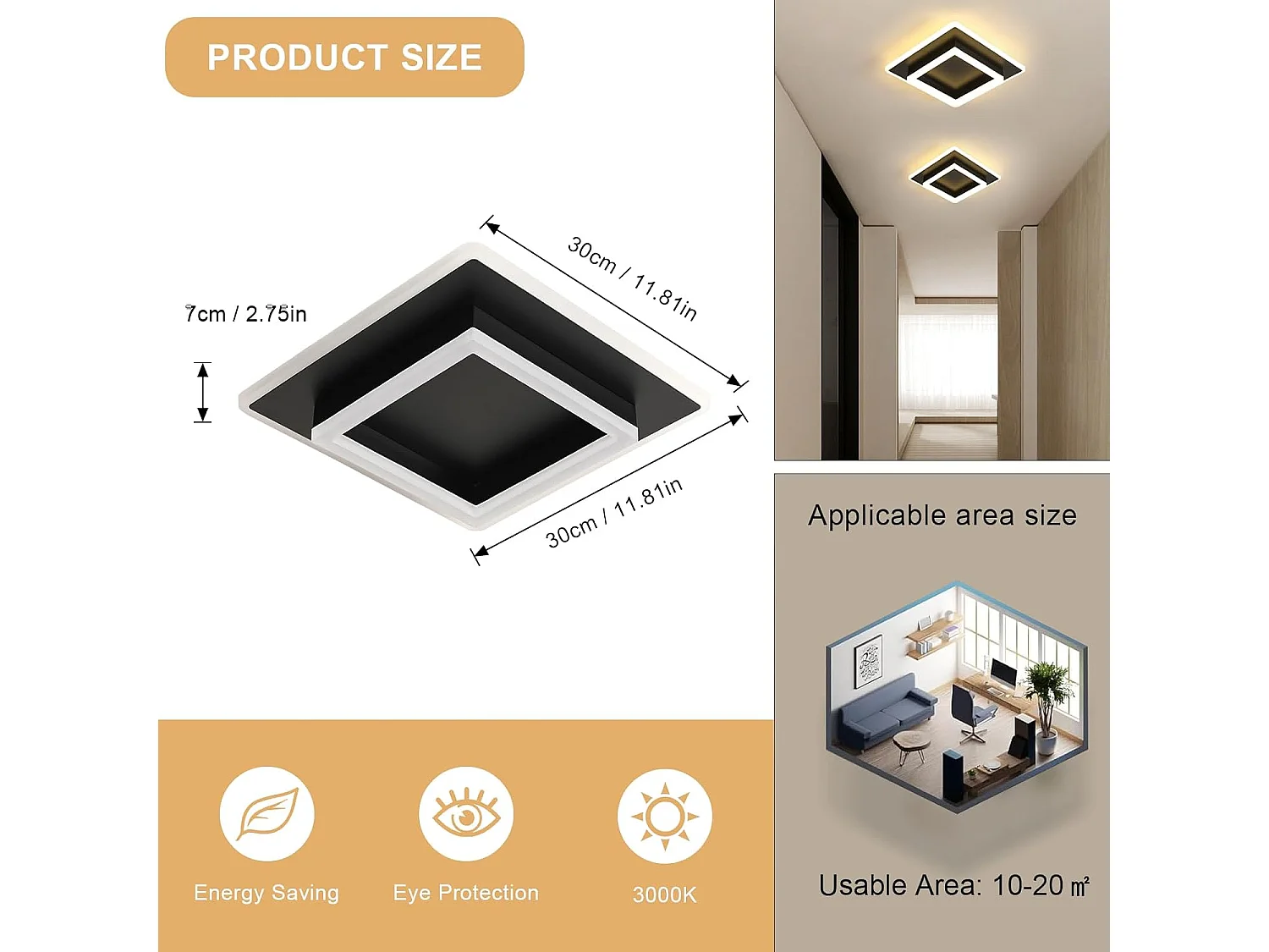 Plafonnier LED, 30W Lampe de Plafond Noir en Acrylique 3600LM, Blanc Chaud 3000K Luminaire Plafonnier Carré pour Cuisine Chambre Salle à Manger