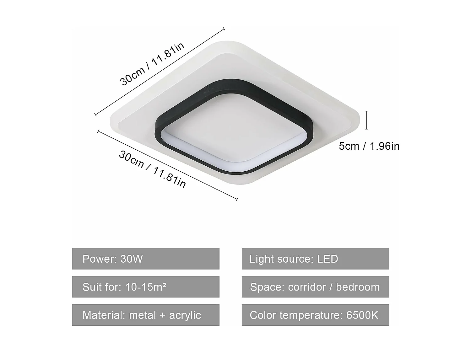 Plafonnier LED Moderne 30W 3375LM Carré Acrylique Noir  Luminaire Élégant pour Salon Chambre Cuisine Couloir 30CM（Lumière Blanche Froide 6500K）