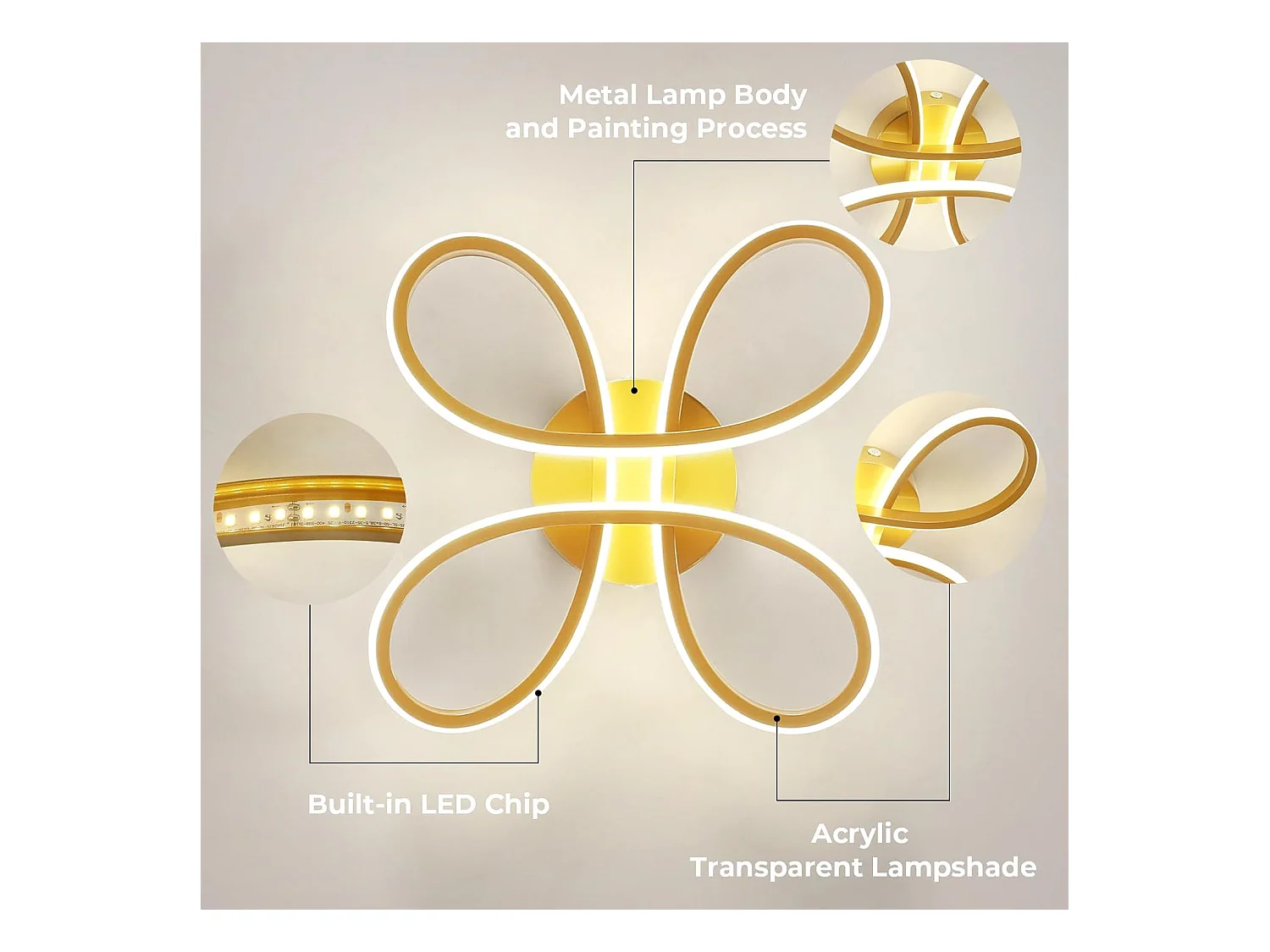 Plafonnier LED Moderne, 30W 3375LM 30cm Lampe de Plafond, Luminaire Plafonnier LED pour Chambre salon, Salle à manger Cuisine, Lumière Neutre 4500K, Or