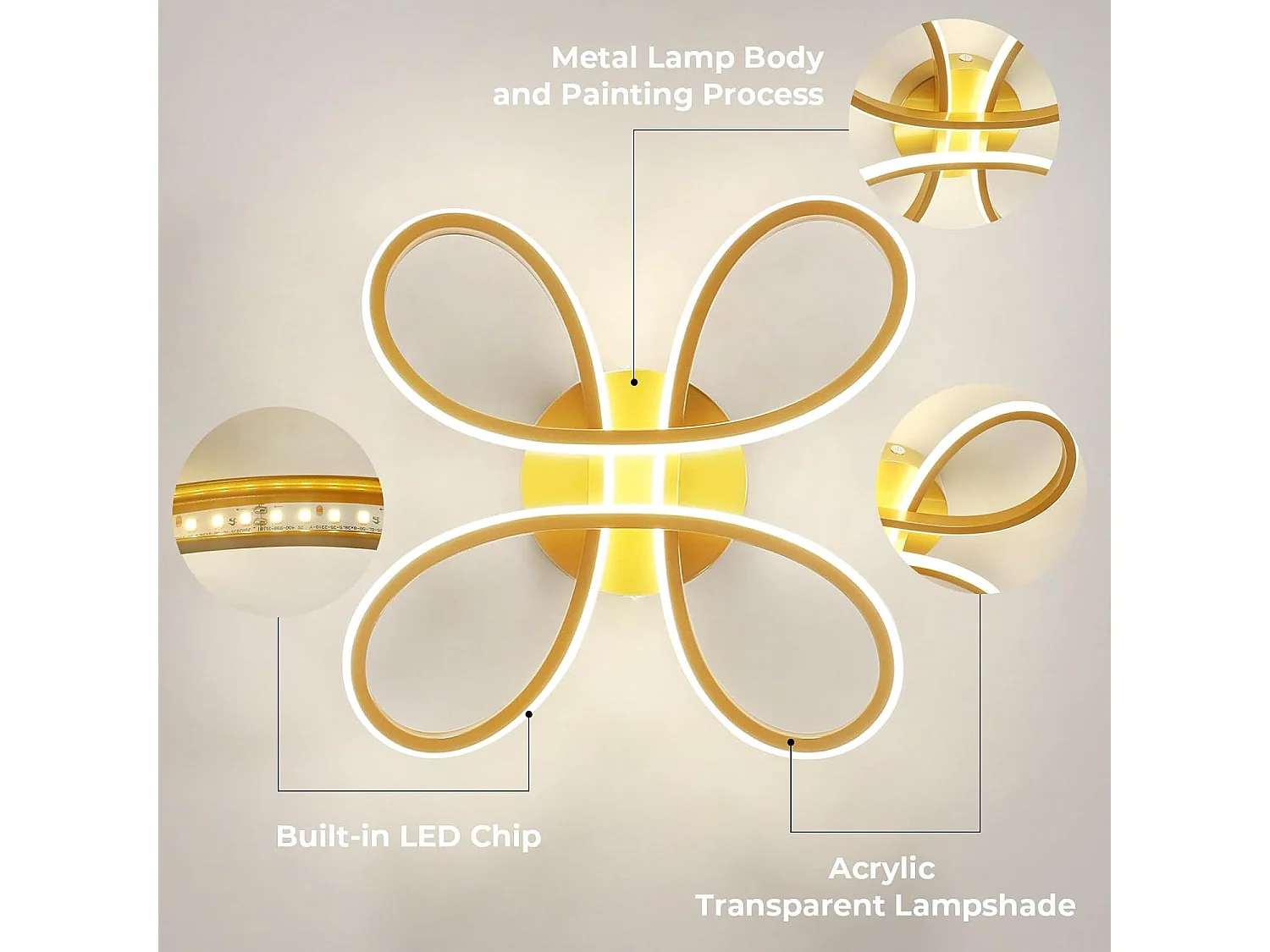 Plafonnier LED Moderne, 30W 3375LM 30cm Lampe de Plafond, Luminaire Plafonnier LED pour Chambre salon, Salle à manger Cuisine, Lumière Neutre 4500K, Or