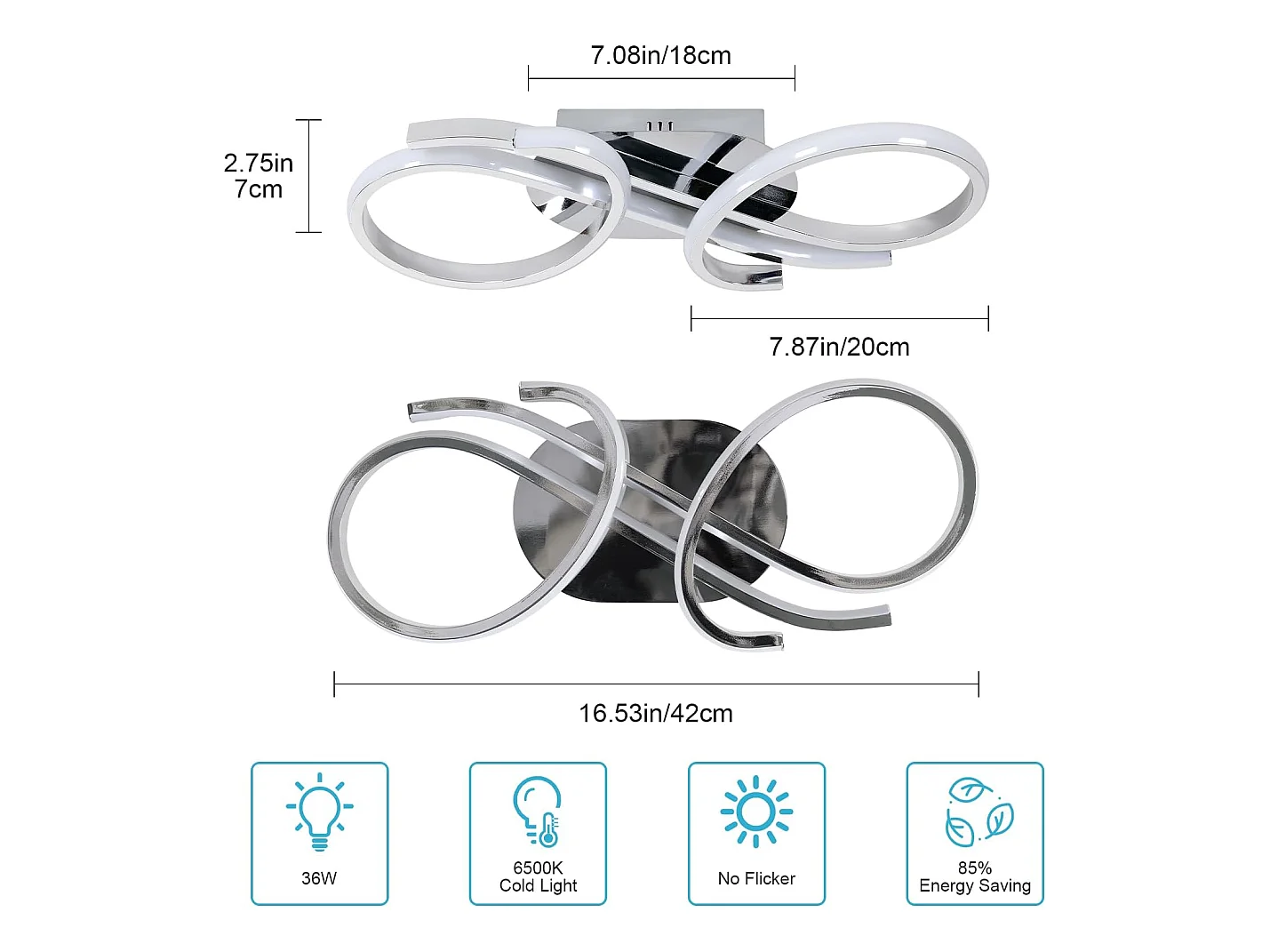 Plafonnier LED Moderne, 36W Lampe de Plafond 6500K Lumière Blanche Froide, Luminaire Plafonnier Design Mode pour Salon, Chambre, Salle à Manger (Chromé)