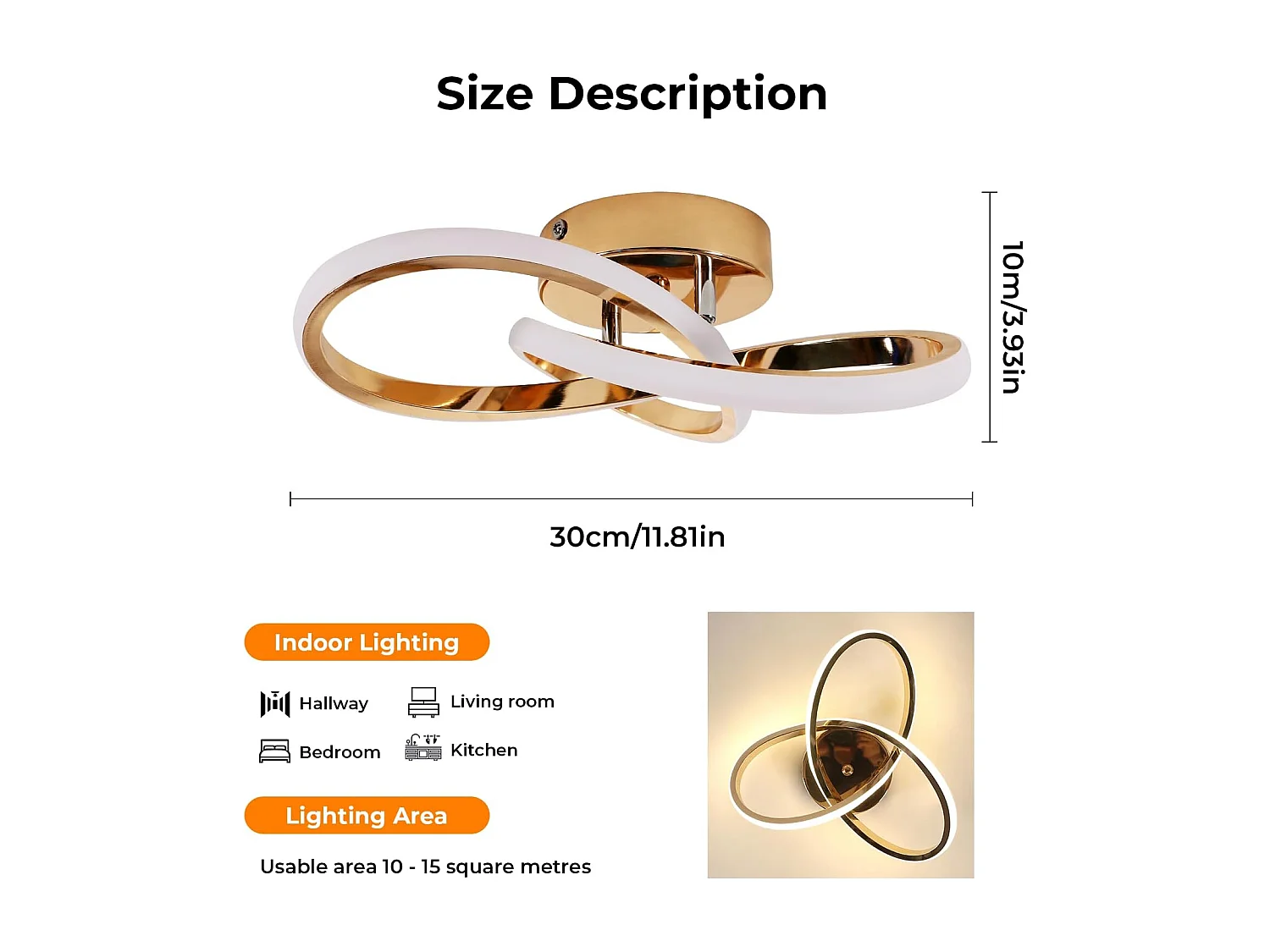 Lustre LED Plafonnier, Luminaire Plafonnier LED Moderne 30W 3375LM, Luminaire Plafonnier Or pour Chambre Salon Cuisine Couloir, Lumière Blanche Naturelle 4500K