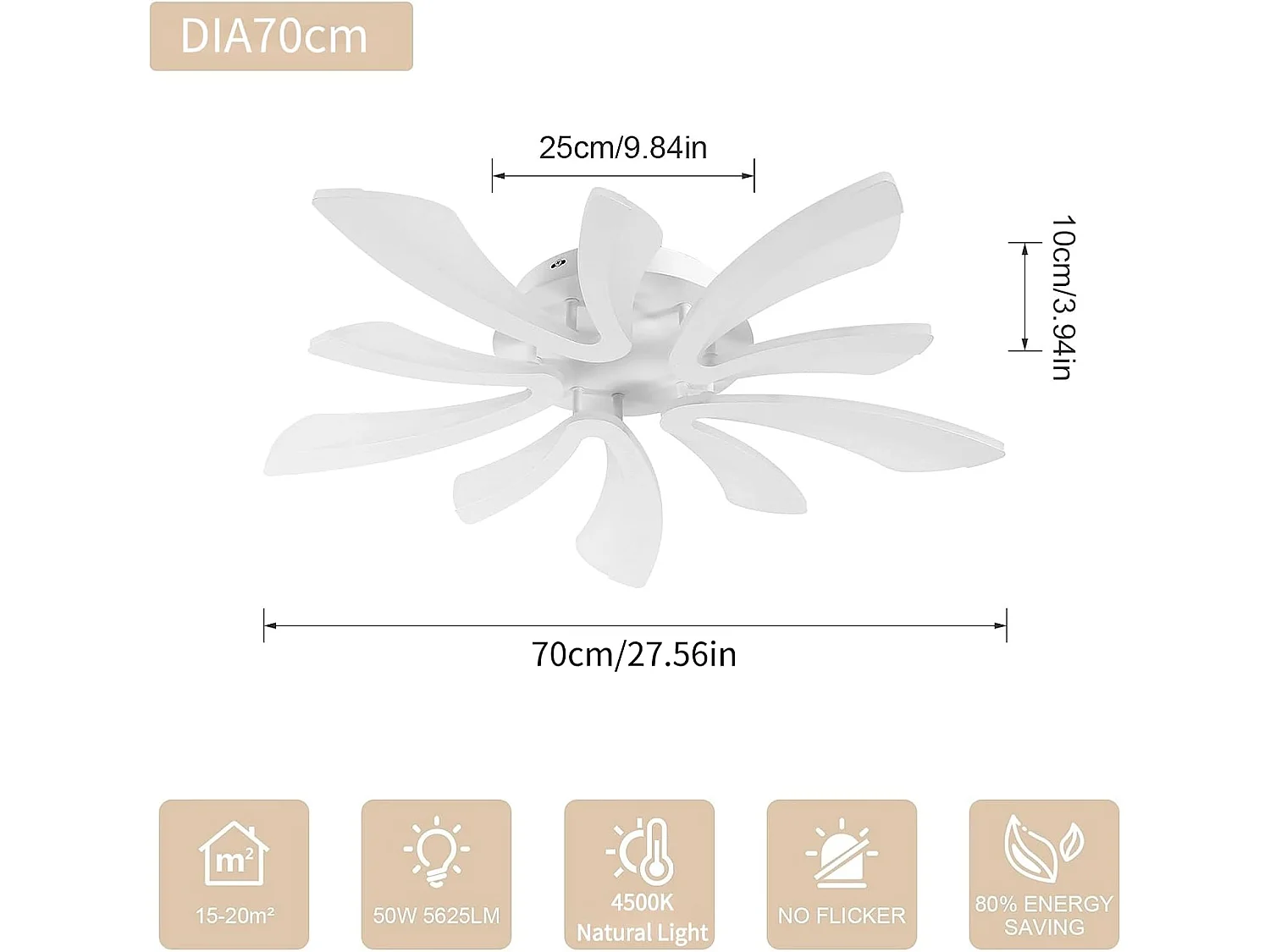 Plafonnier LED, 50W 5625LM Lampe de Plafond, Moderne Luminaire Plafonnier pour Salon, Chambre à Coucher, 70cm, Lumière Naturelle 4500K, Blanc