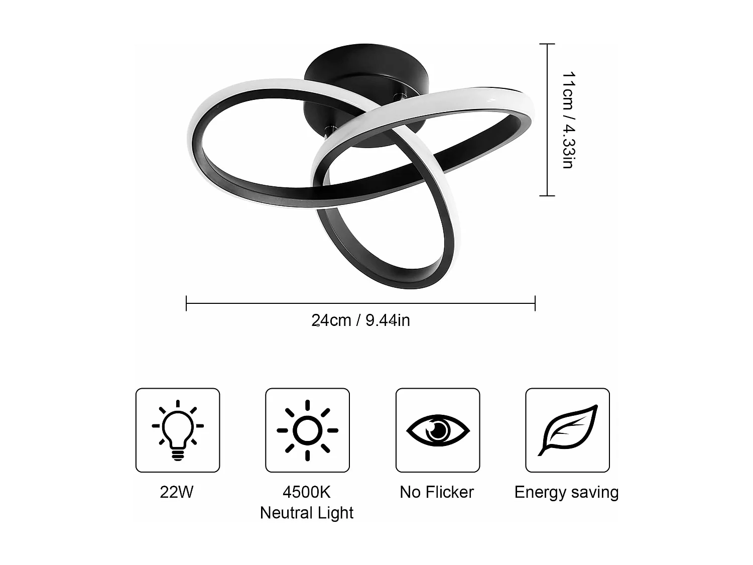 Plafonnier LED Noir en Forme de Fleur 22W 2500LM - Lumière Naturelle 4500K pour Chambre, Cuisine, Balcon