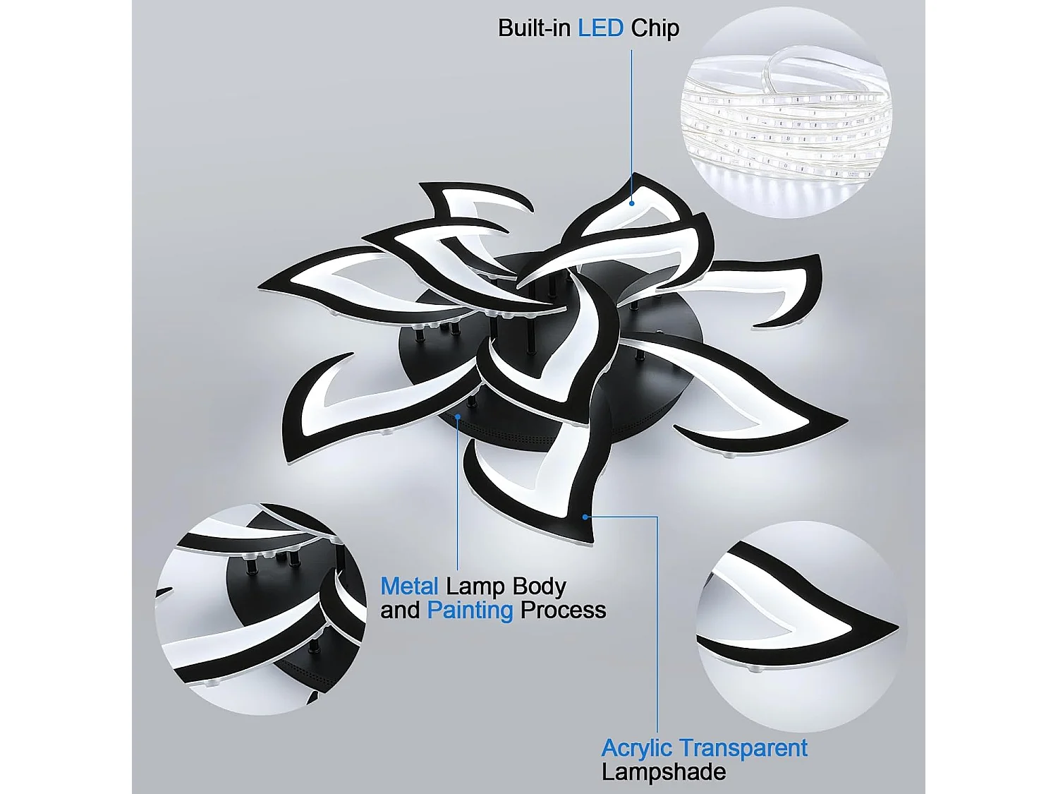 Plafonnier LED moderne 84W 6500K, design queue d'aronde en fer et acrylique, 10 LEDs, idéal pour chambre, salon, cuisine