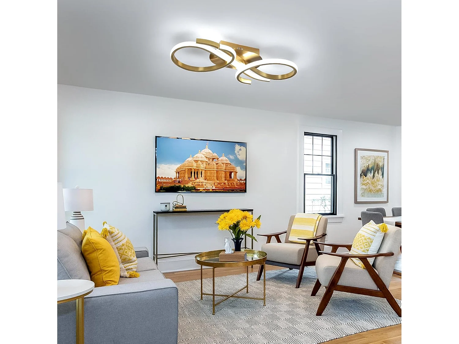 Plafonnier LED Moderne, 36W 4000LM Luminaire Plafonnier Salon Doré, 6500K Blanc Froid Lustre LED Plafonnier en Aluminium pour Salon, Chambre à Coucher, Cuisine