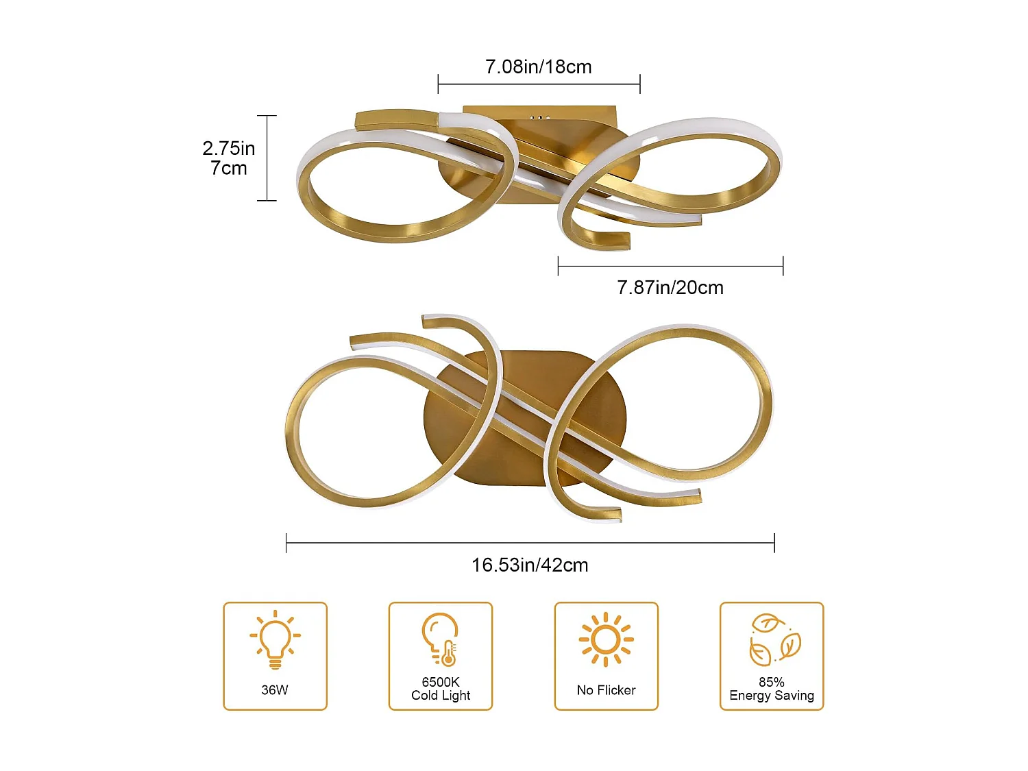 Plafonnier LED Moderne, 36W 4000LM Luminaire Plafonnier Salon Doré, 6500K Blanc Froid Lustre LED Plafonnier en Aluminium pour Salon, Chambre à Coucher, Cuisine