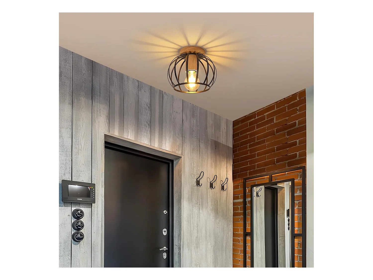 Plafonnier Vintage, Douille E27 Lampe de Plafond Retro, Géométrique Abat-Jour Plafond en Métal Cage Pour Couloir, Grenier, Balcon, Ø 20 cm, Noir