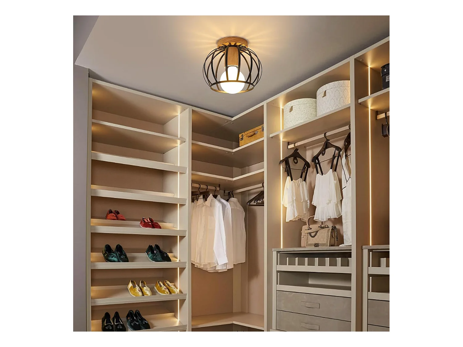 Plafonnier Vintage, Douille E27 Lampe de Plafond Retro, Géométrique Abat-Jour Plafond en Métal Cage Pour Couloir, Grenier, Balcon, Ø 20 cm, Noir