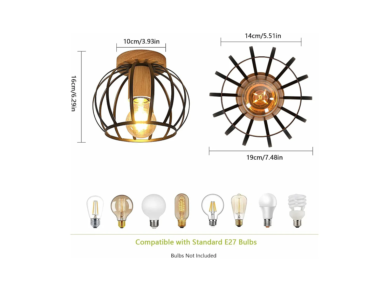 Plafonnier Vintage, Douille E27 Lampe de Plafond Retro, Géométrique Abat-Jour Plafond en Métal Cage Pour Couloir, Grenier, Balcon, Ø 20 cm, Noir