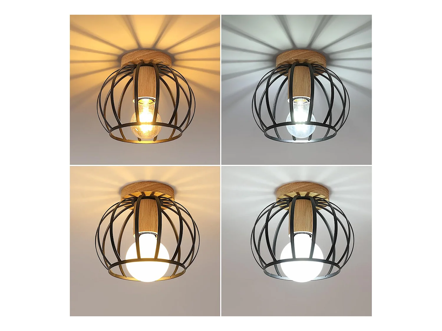 Plafonnier Vintage, Douille E27 Lampe de Plafond Retro, Géométrique Abat-Jour Plafond en Métal Cage Pour Couloir, Grenier, Balcon, Ø 20 cm, Noir