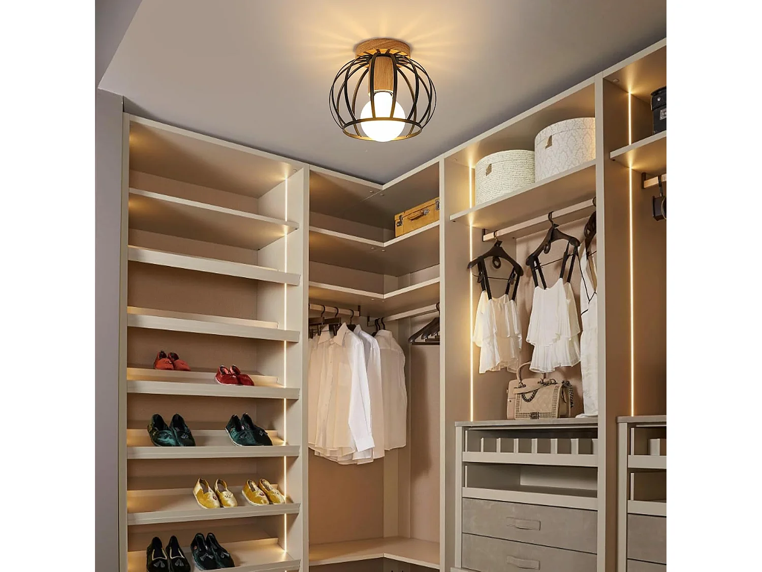 Plafonnier Vintage, Douille E27 Lampe de Plafond Retro, Géométrique Abat-Jour Plafond en Métal Cage Pour Couloir, Grenier, Balcon, Ø 20 cm, Noir