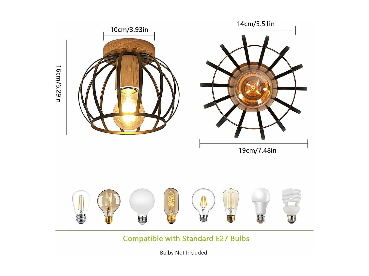 Plafonnier Vintage, Douille E27 Lampe de Plafond Retro, Géométrique Abat-Jour Plafond en Métal Cage Pour Couloir, Grenier, Balcon, Ø 20 cm, Noir