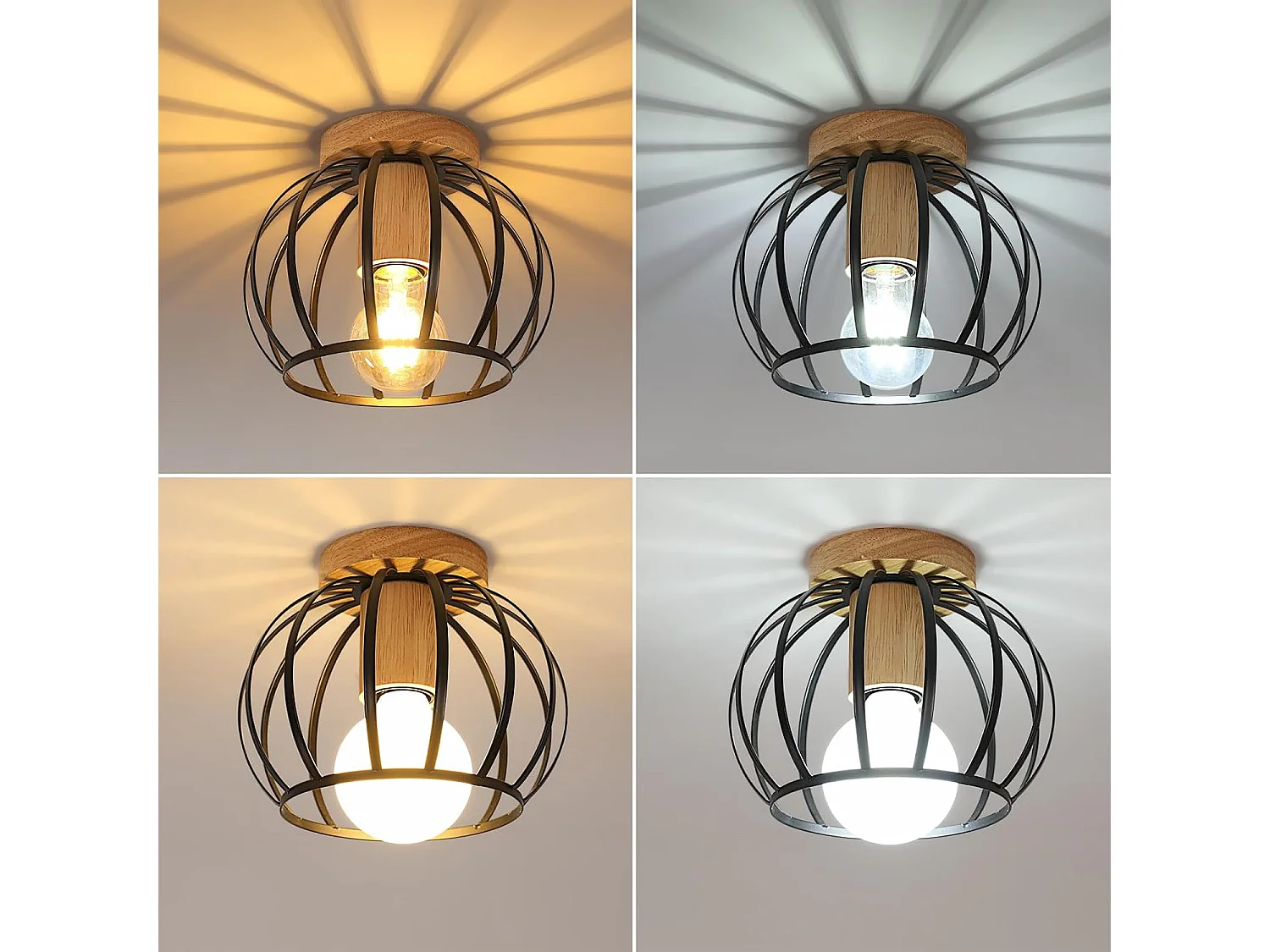 Plafonnier Vintage, Douille E27 Lampe de Plafond Retro, Géométrique Abat-Jour Plafond en Métal Cage Pour Couloir, Grenier, Balcon, Ø 20 cm, Noir