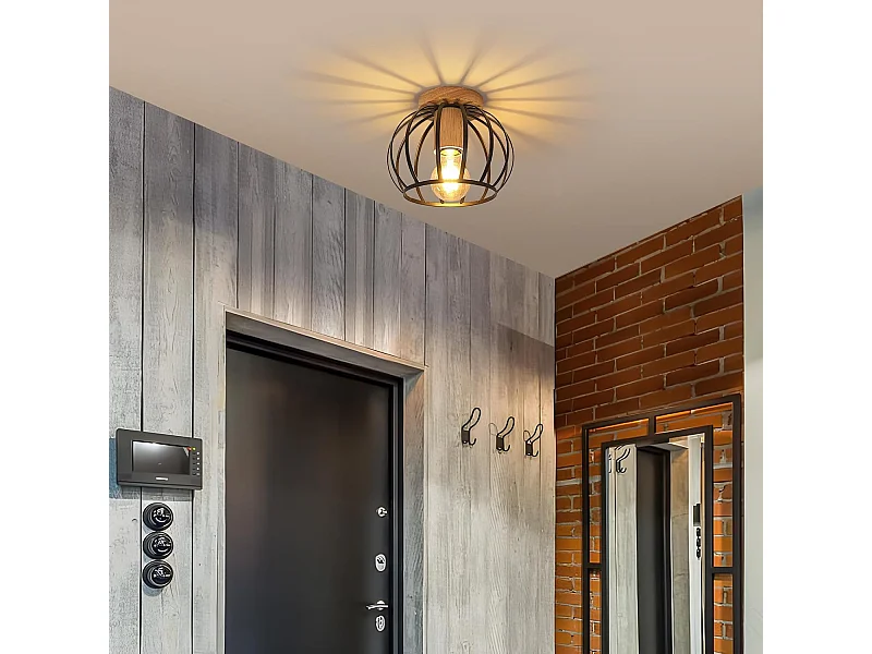 Plafonnier Vintage, Douille E27 Lampe de Plafond Retro, Géométrique Abat-Jour Plafond en Métal Cage Pour Couloir, Grenier, Balcon, Ø 20 cm, Noir