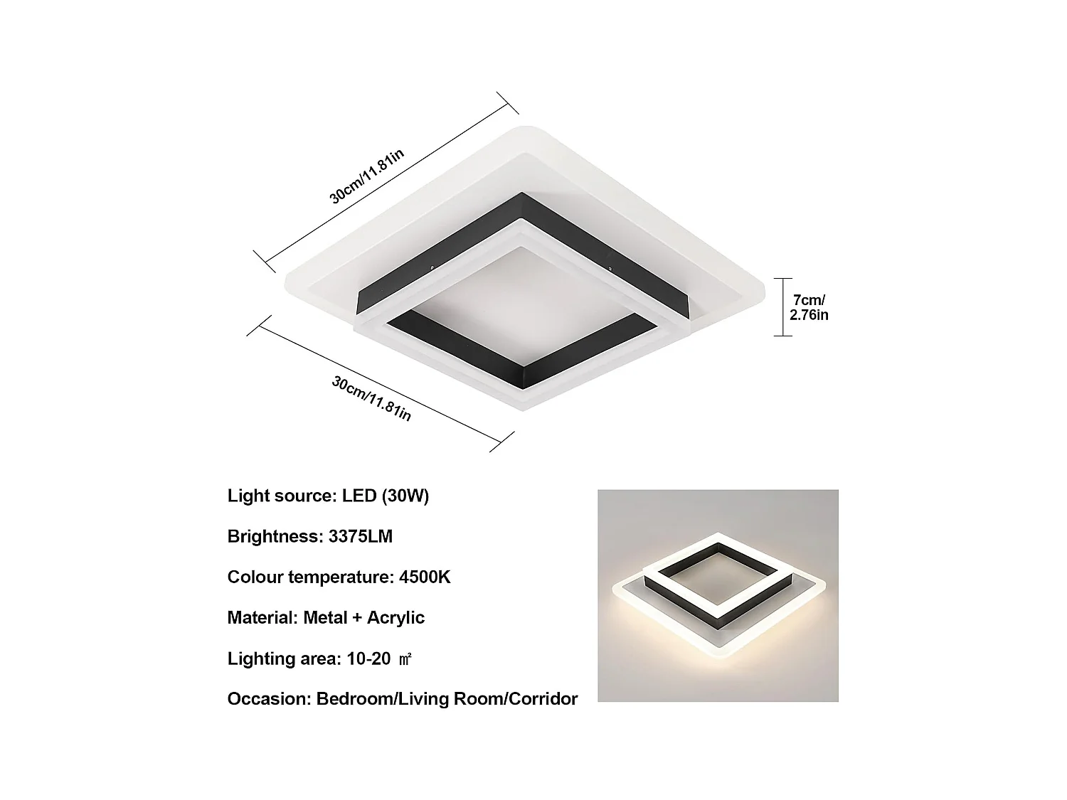 Plafonnier LED Carré, 30W 3300LM Luminaire Plafonnier LED 4500K Blanc Naturel, Lampe de Plafond Moderne pour Chambre, Salle à Manger, Cuisine, Couloir