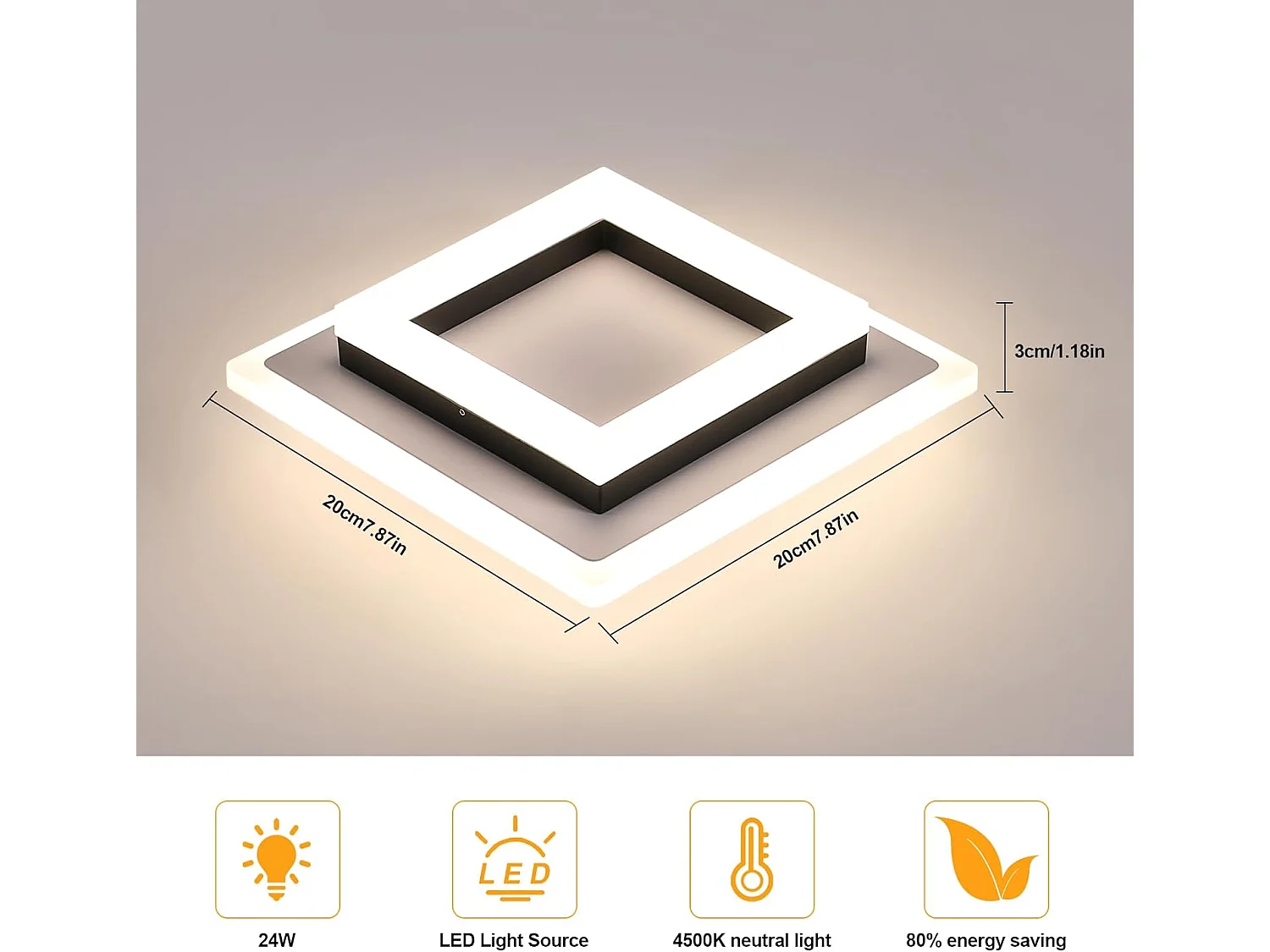 Plafonnier LED Carré Noir Moderne 24W 2700LM 4500K - Salon, Couloir, Salle de Bain, Cuisine - Lumière Neutre 20cm