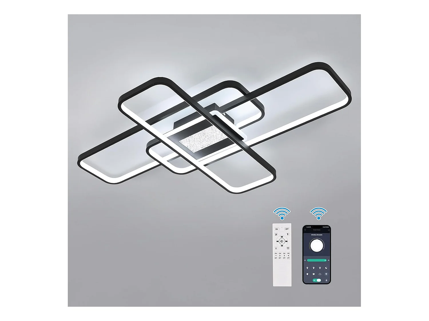 3 Plafonniers LED Carrés Gradables avec Télécommande et App - 56W 5040LM Design Moderne en Aluminium Noir - 90cm pour Chambre, Salon