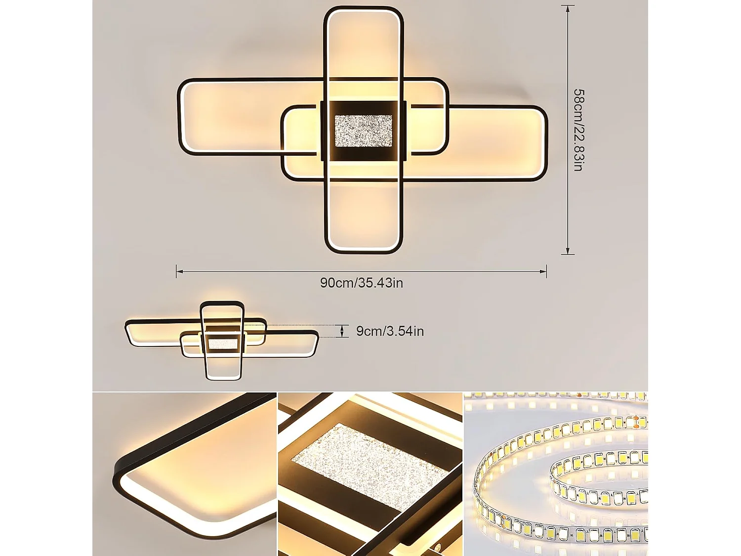 3 Plafonniers LED Carrés Gradables avec Télécommande et App - 56W 5040LM Design Moderne en Aluminium Noir - 90cm pour Chambre, Salon