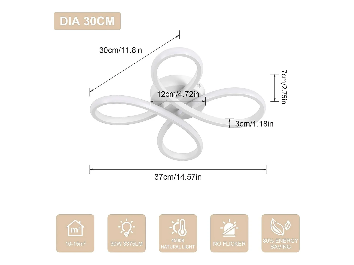 Plafonnier LED Moderne, 30W 3400LM Lampe de Plafond, Luminaire Plafonnier LED pour Chambre salon, Salle à manger Cuisine, Lumière Neutre 4500K, 30cm, Blanc