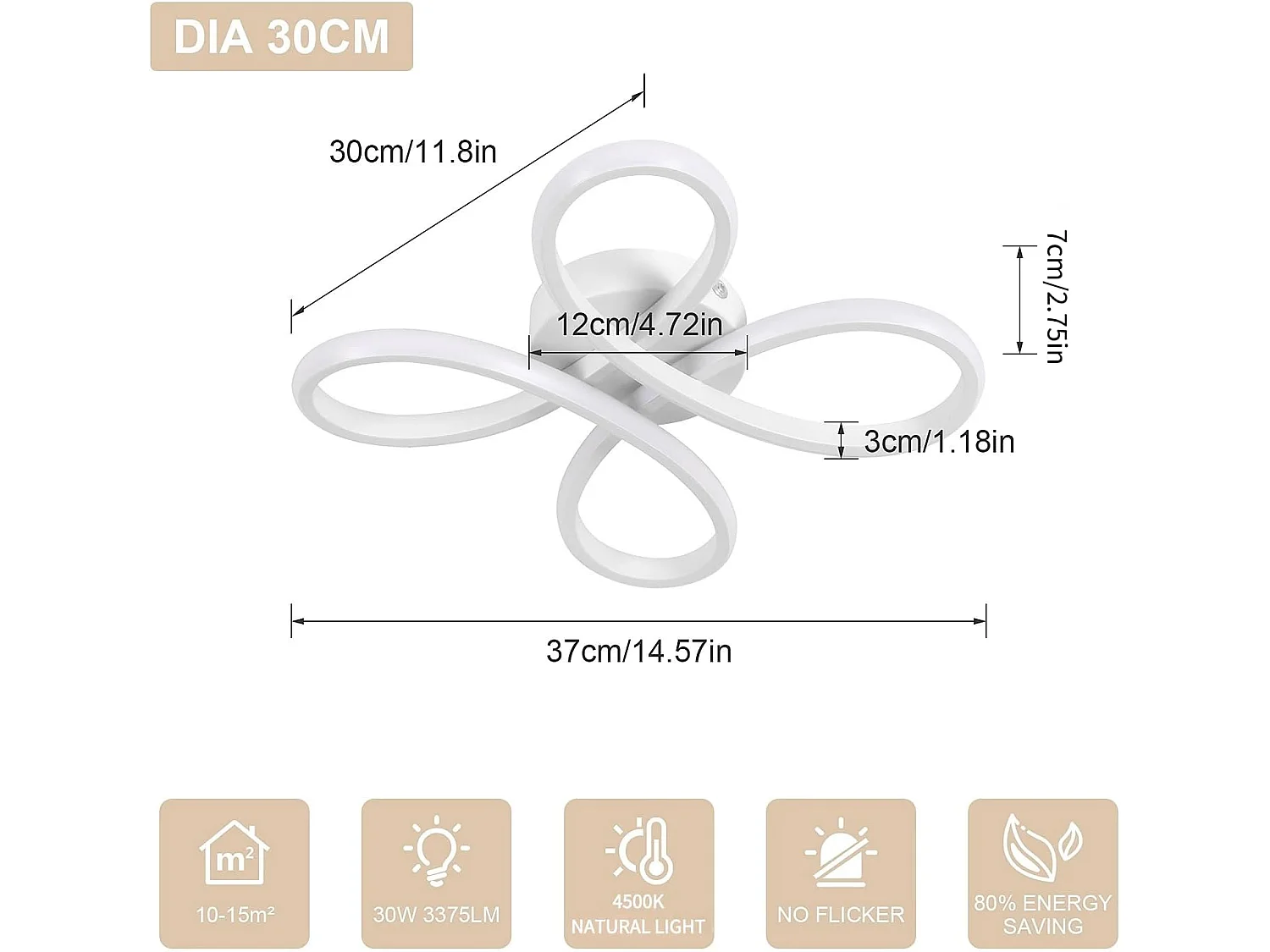 Plafonnier LED Moderne, 30W 3400LM Lampe de Plafond, Luminaire Plafonnier LED pour Chambre salon, Salle à manger Cuisine, Lumière Neutre 4500K, 30cm, Blanc