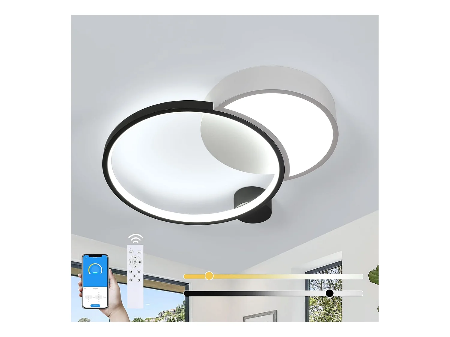 Plafonnier LED Dimmable pour Salle de Bain Rond Moderne - 31W 2790LM avec APP/Télécommande Noir & Blanc - Salon, Cuisine, Chambre