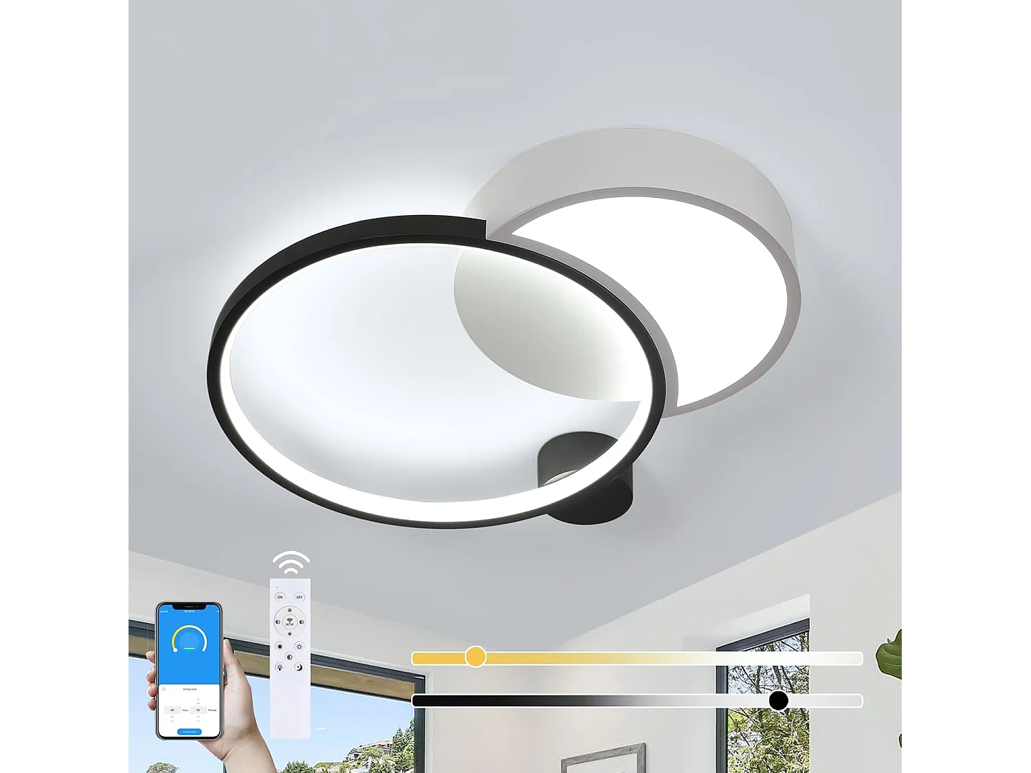 Plafonnier LED Dimmable pour Salle de Bain Rond Moderne - 31W 2790LM avec APP/Télécommande Noir & Blanc - Salon, Cuisine, Chambre