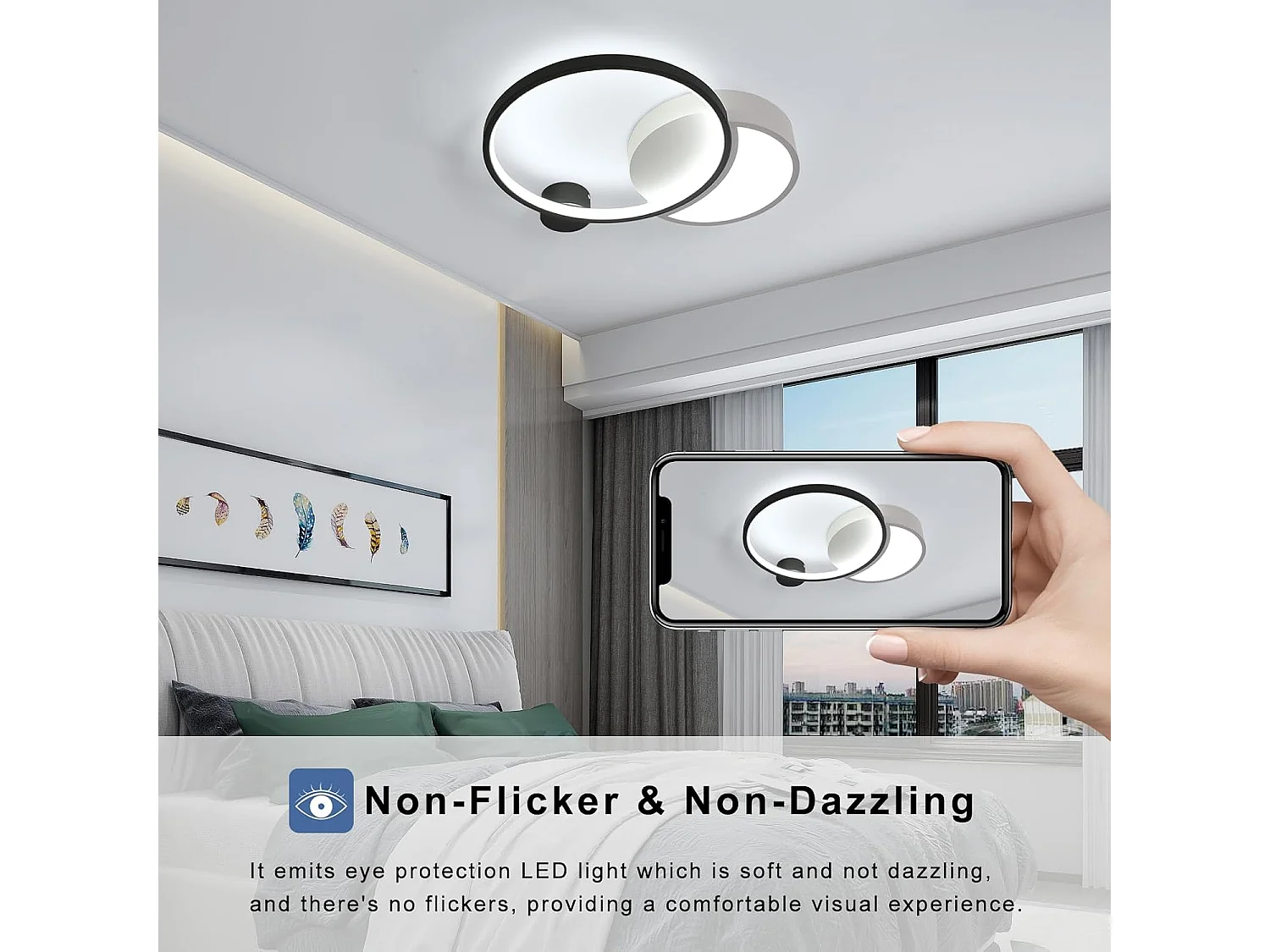 Plafonnier LED Dimmable pour Salle de Bain Rond Moderne - 31W 2790LM avec APP/Télécommande Noir & Blanc - Salon, Cuisine, Chambre
